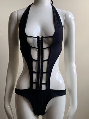 Sauvage Black zipper monokini cut out strappy one piece swimsuit
